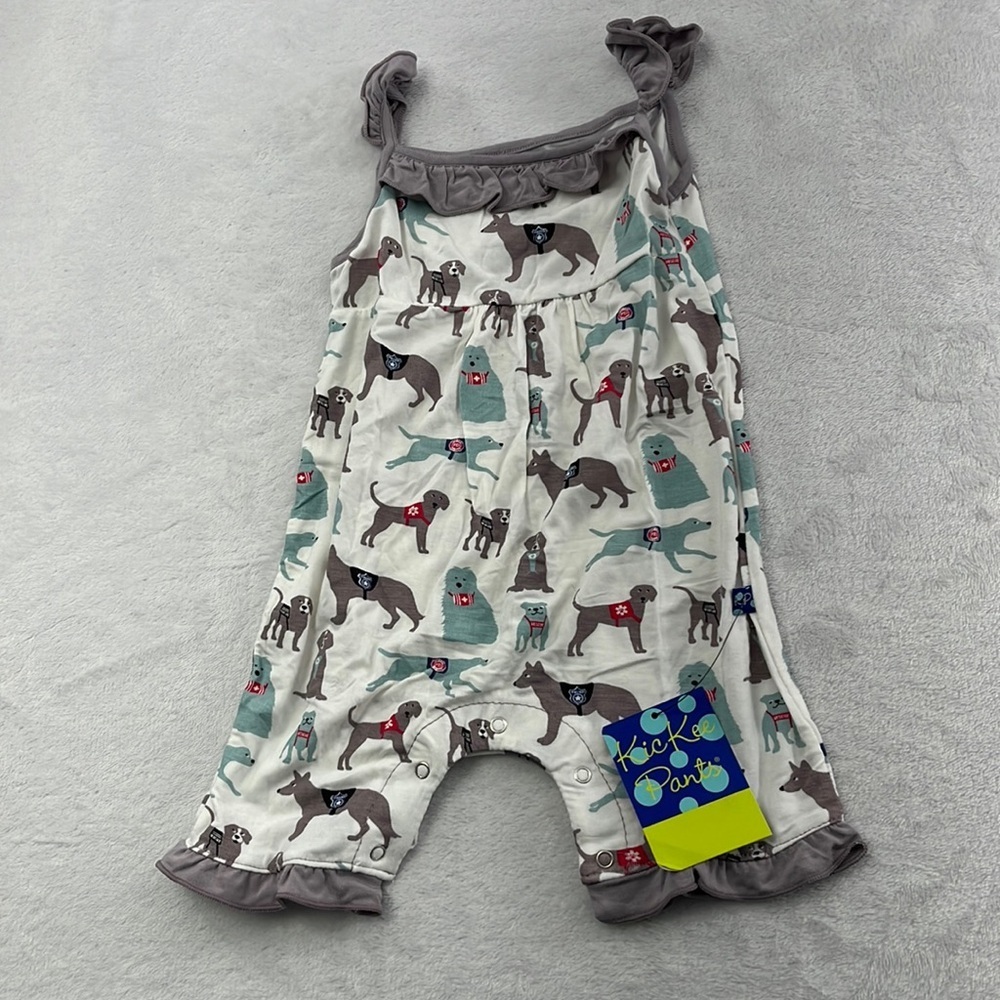 NEW Kickee Pants Bamboo 6-12 mos Natural Canine‎ First Responder Ruffle Romper